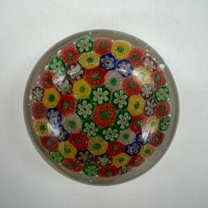 Vintage Small Millefiori Art Glass Paperweight 2.5" Red Yellow Blue Green